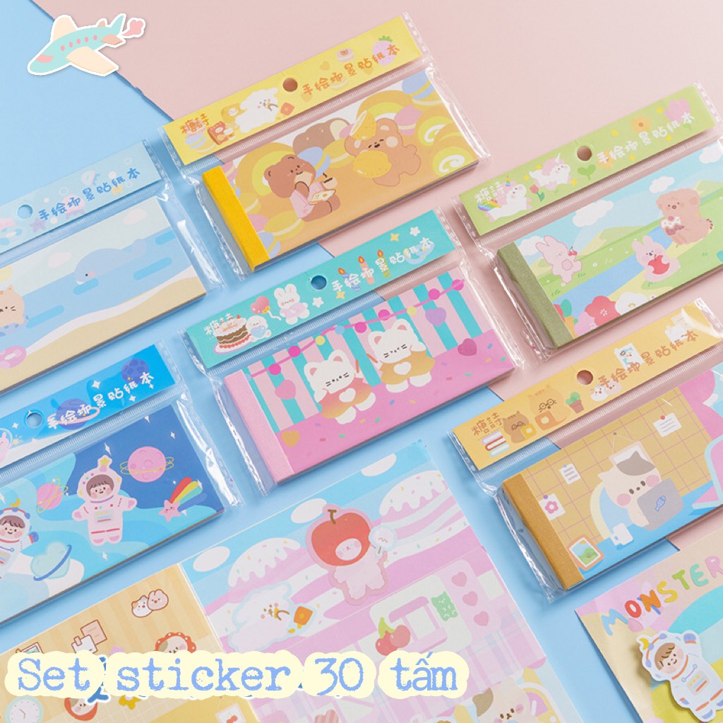 Set Sticker Xấp 30 Miếng Lớn Phong Cảnh và Gấu Thỏ