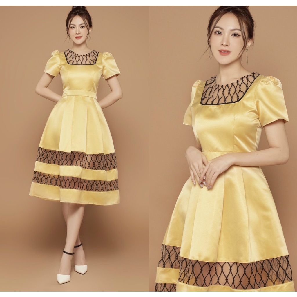 Đầm xòe tùng vang tiểu thư đi tiệc - Mua váy xòe vàng phối lưới đẹp