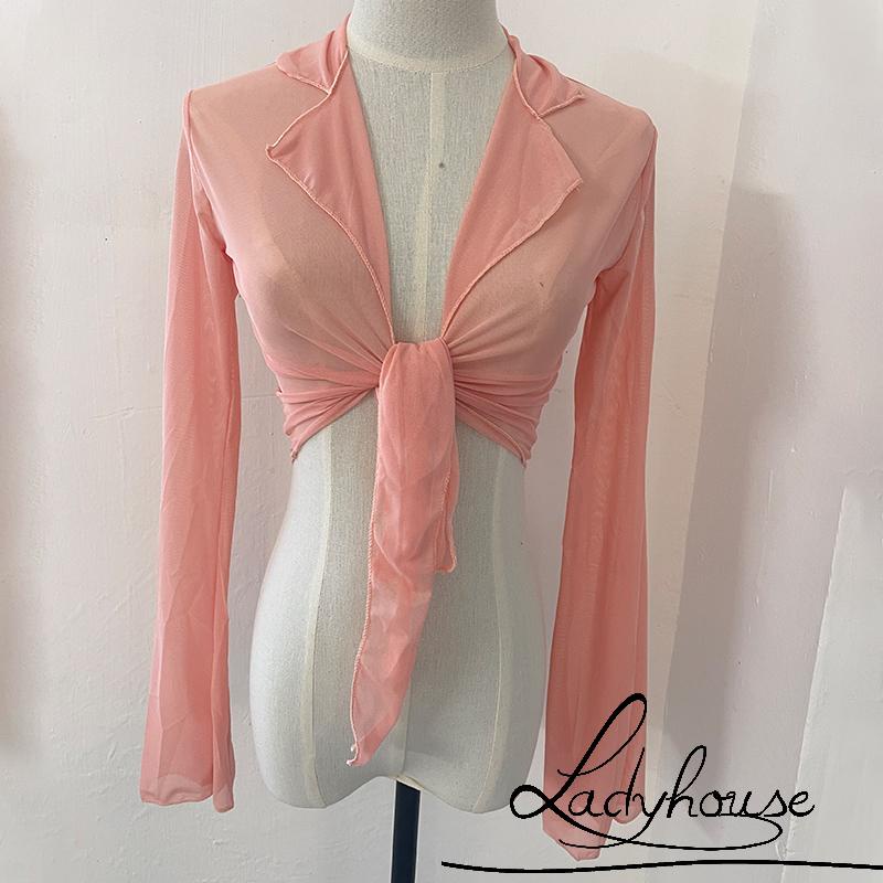 Áo Croptop Tay Dài Cổ Bẻ Phối Lưới Màu Trơn Thời Trang Đường Phố Cho Nữ