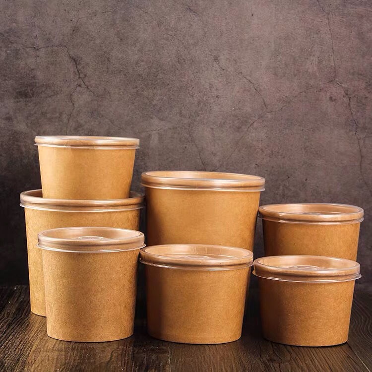 Hộp bento dùng một lần giấy Kraft hộp cơm trưa bát salad dày có nắp hộp đựng thức ăn nhanh bát giấy 