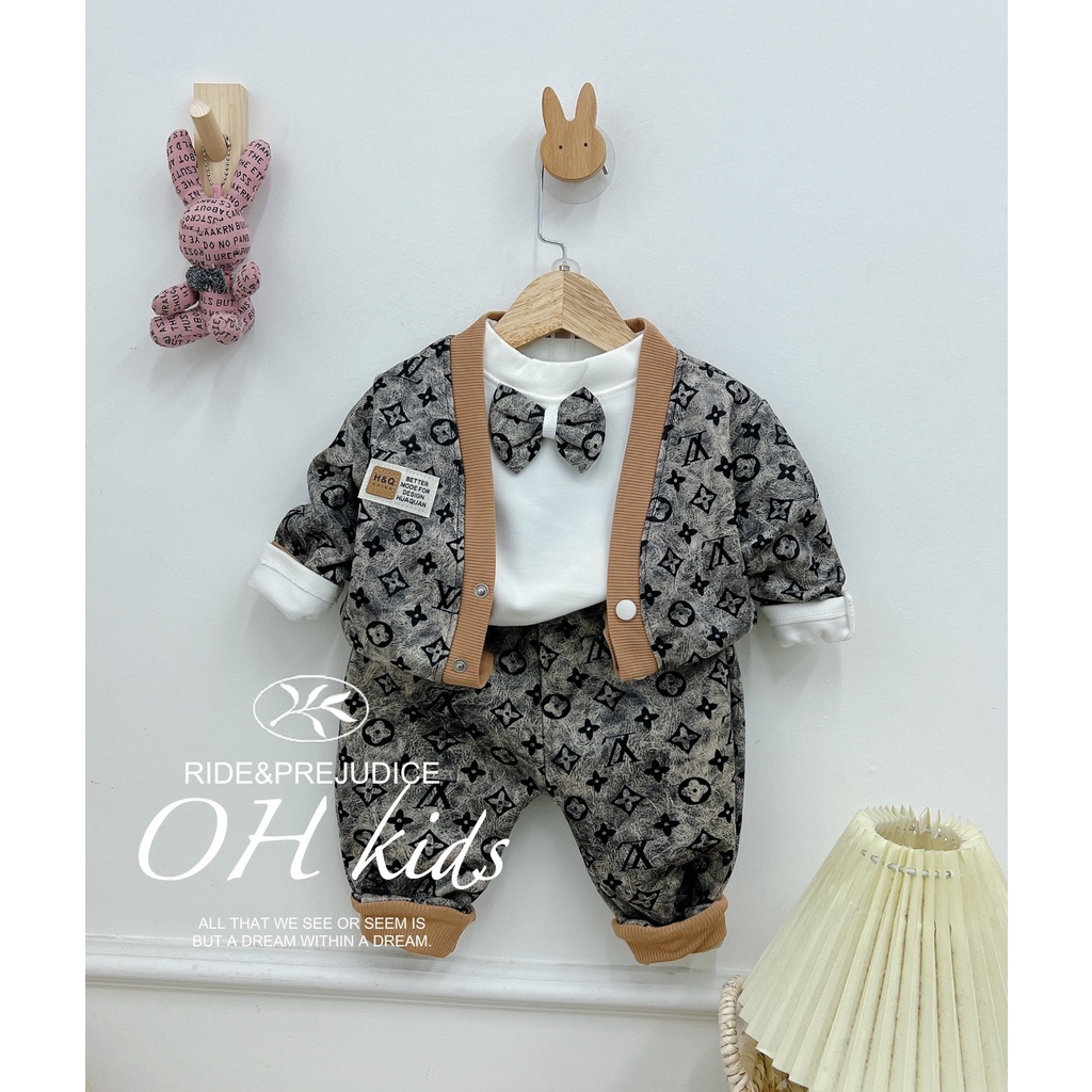 THANH LÝ - Set công tử 3 chi tiết phối nơ chất liệu da mỏng siêu đẹp cho bé 8-20kg