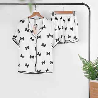 Bộ pijama Lụa Trắng Nơ Đen tay ngắn quần ngắn