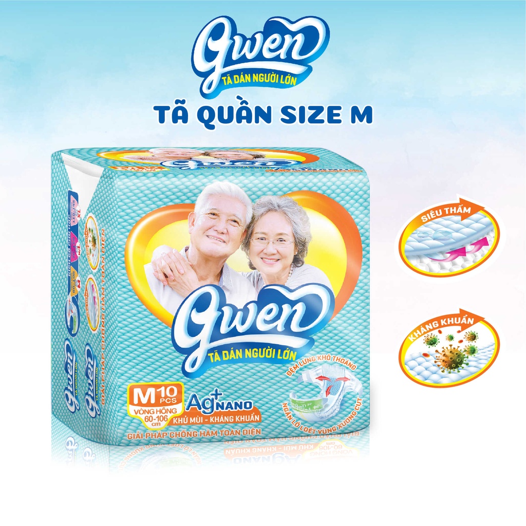 Tã dán người lớn Gwen size M 10 miếng. Bỉm dành cho người già, người bệnh siêu thấm, khô thoáng, chống hăm, khử mùi.