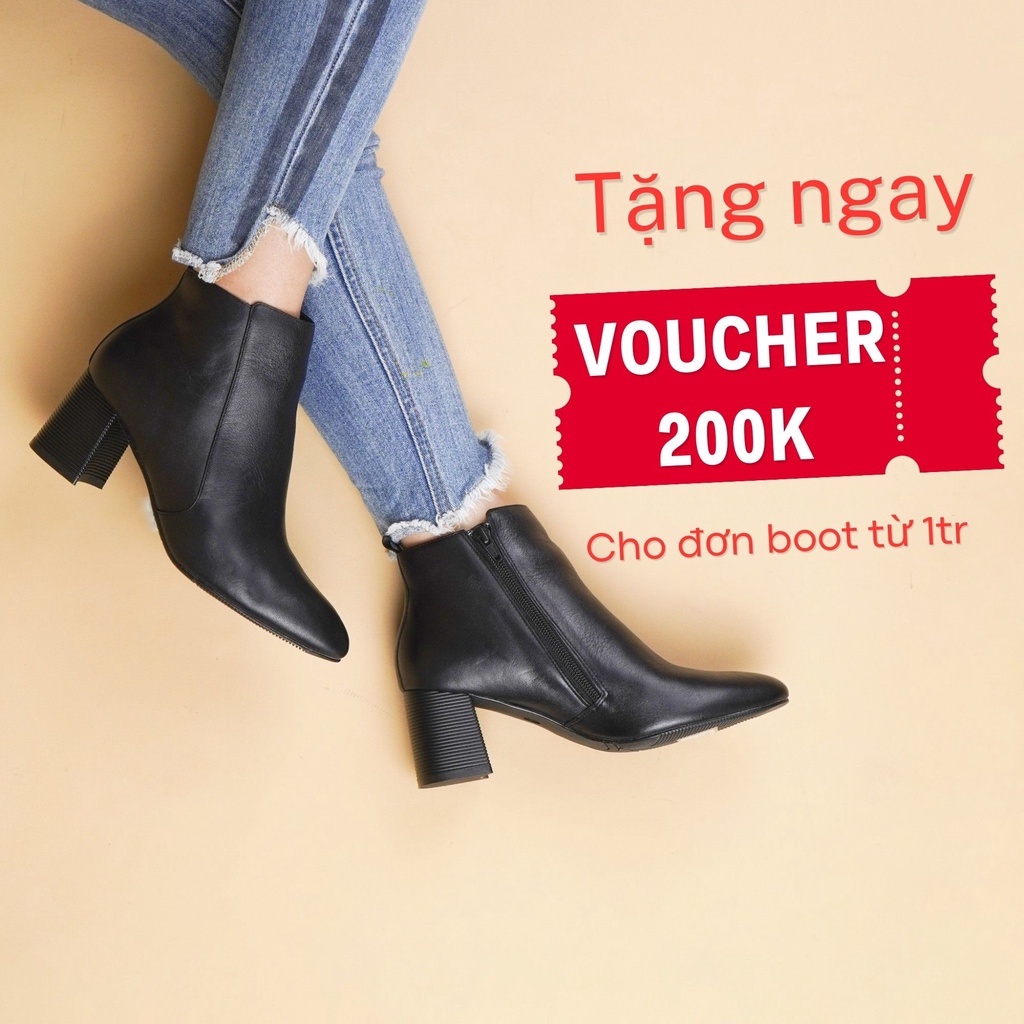 Bốt nữ cổ thấp da thật, Bốt da nữ cao gót 6cm giày vnxk - Kimystore