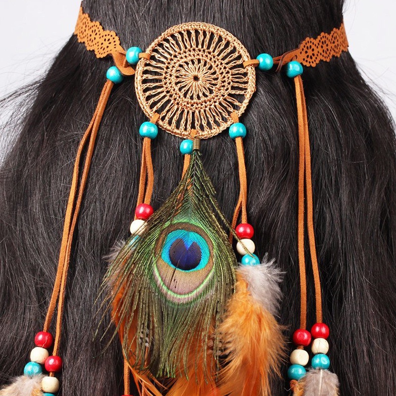 Băng Đô Cài Tóc Đính Lông Công Phong Cách Boho Thời Trang Mới (Màu Khaki)