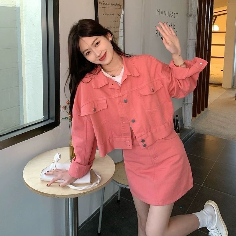 Set Jean bò nữ áo khoác tay dài phối chân váy chữ A thời trang cá tính năng động