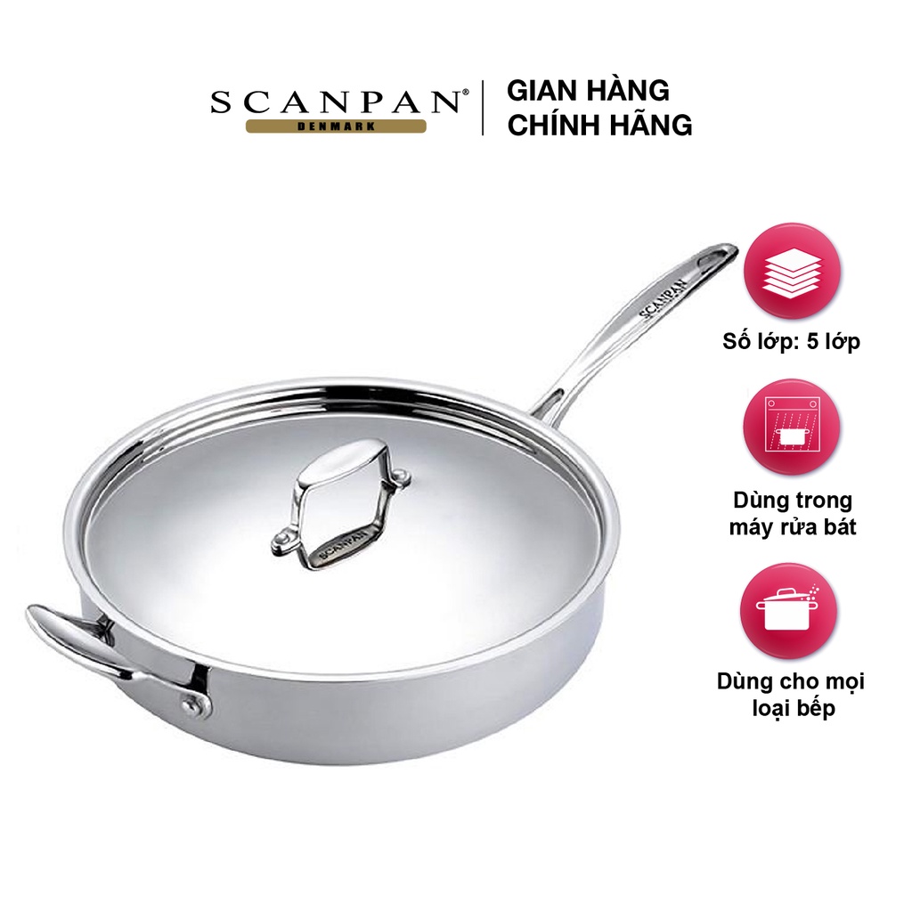 Chảo inox đáy từ cao cấp Scanpan Fusion5 26cm 74102600 có nắp, thiết kế 5 lớp đúc liền thân đáy, an toàn cho sức khỏe