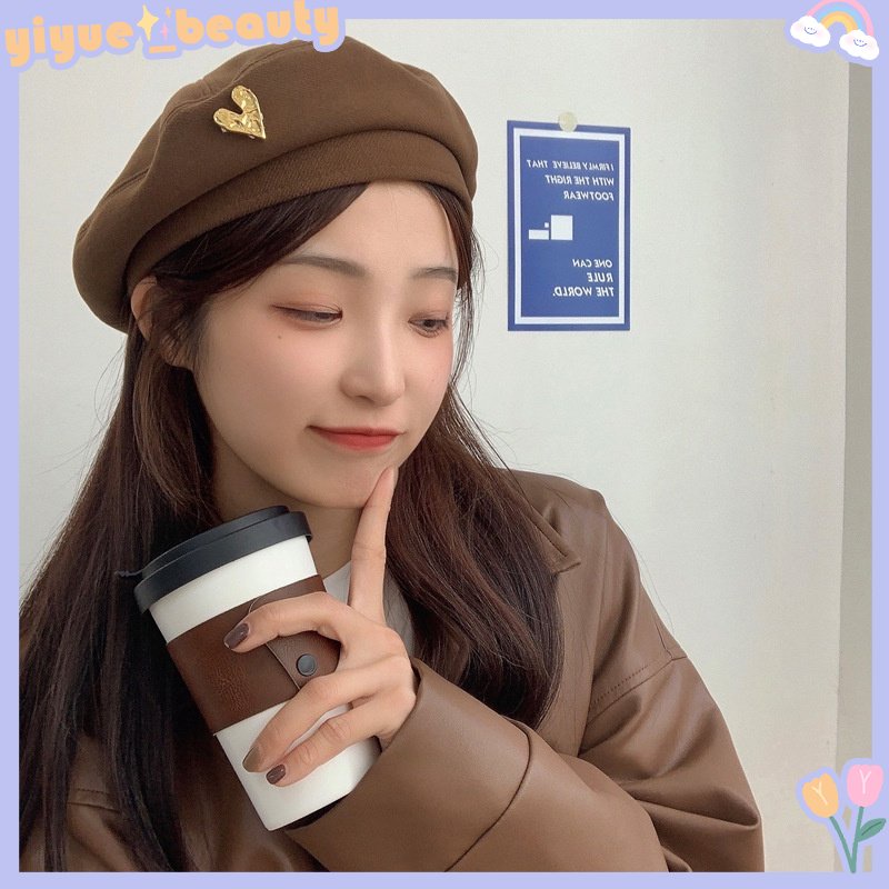 Mũ Beret Len Màu Trơn Họa Tiết Trái Tim Thời Trang Thu Đông Hàn Quốc Cho Nữ