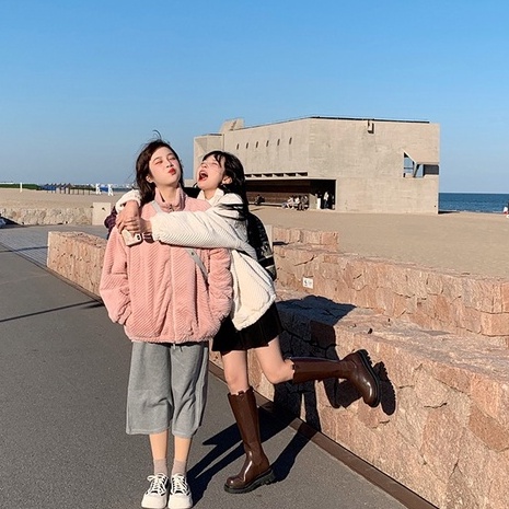 ZHELIHANGFEI Áo khoác kiểu Hàn Quốc cổ áo dài tay kiểu dáng rộng phong cách trường đại học ngọt ngào