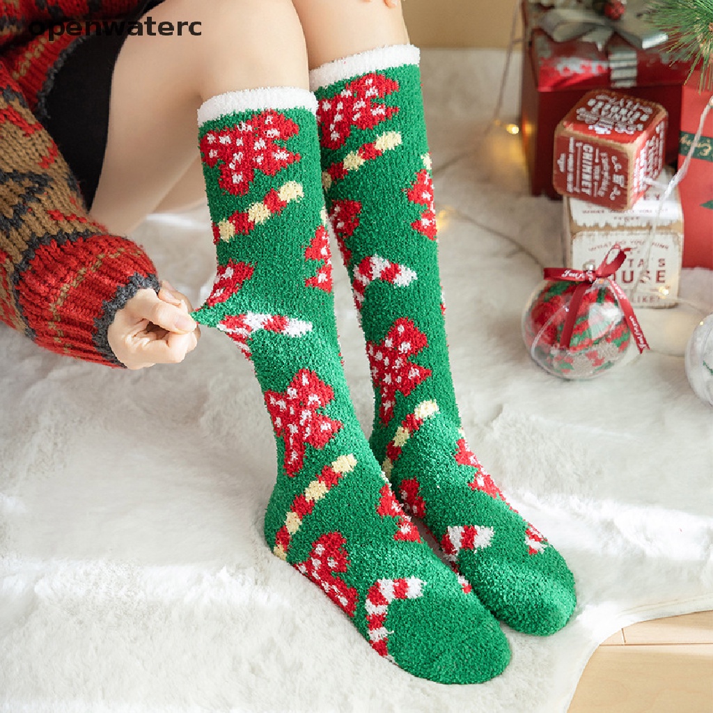 1 Đôi Tất Lông Cừu San Hô Dày Giữ Ấm Dài Đến Đầu Gối Họa Tiết Giáng Sinh Năm Mới vn