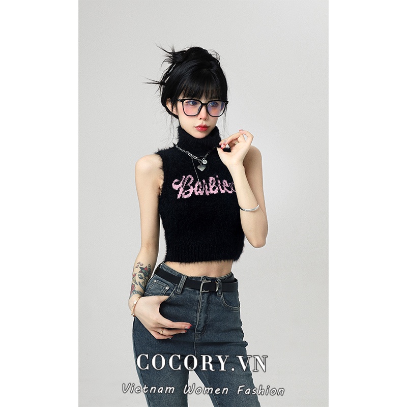 Cocory vn Áo Croptop Sát Nách Lông Nhung In Chữ Thời Trang Mùa Thu Quyến Rũ Cho Nữ