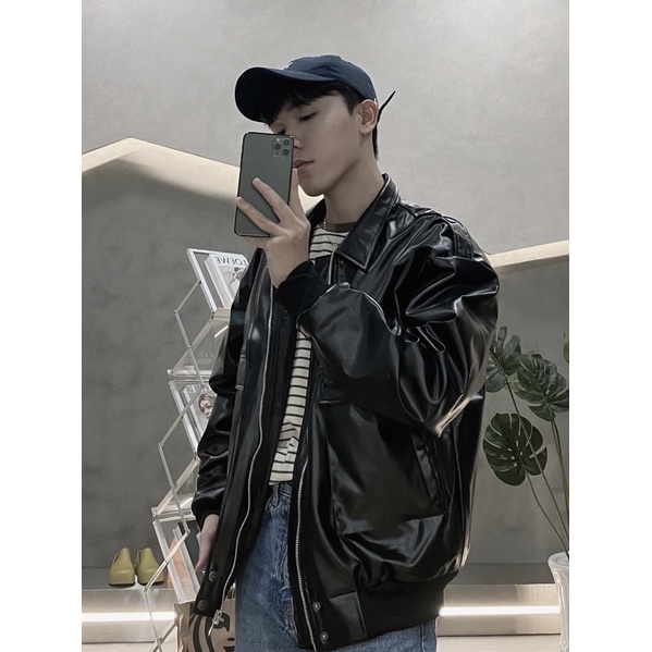 ÁO KHOÁC BOMBER FULL DA 2 MÀU ĐEN NÂU UNISEX NAM VÀ NỮ