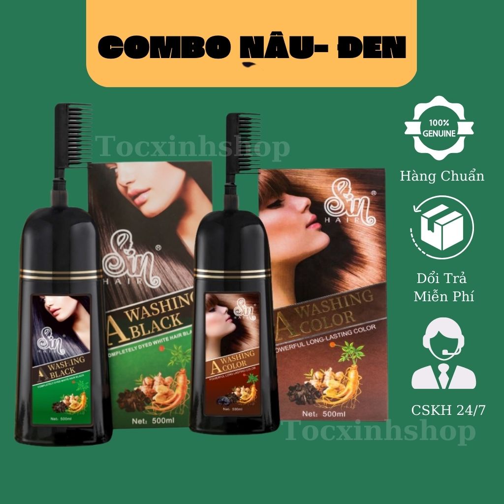 Combo 2 Chai Dầu Gội Phủ Bạc SIN HAIR Đen+Nâu 500ml - Loại Mới