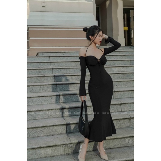 [FREESHIP] Đầm body len tăm cách điệu khoen lưng có mút sẵn duyên dáng ba màu xanh hồng đen