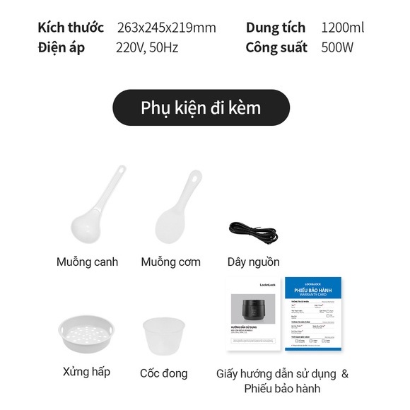 Nồi cơm điện LocknLock Compact Rice Cooker 1.2L màu đen EJR346BLK có 5 chế độ nấu đa năng - K-MALL