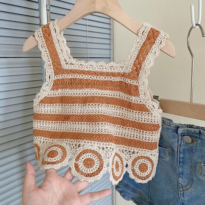 Set Áo Hai Dây Dệt Kim + Quần Short Denim Phong Cách Hàn Quốc Thời Trang Mùa Hè Cho Bé Gái