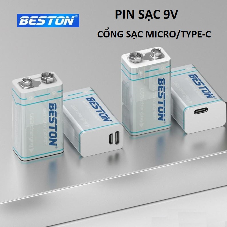 Pin sạc 9V BESTON Lithium sạc trực tiếp USB micro/Type-C dùng cho mic karaoke, đồng hồ đo điện, máy nghe nhạc, đèn pin