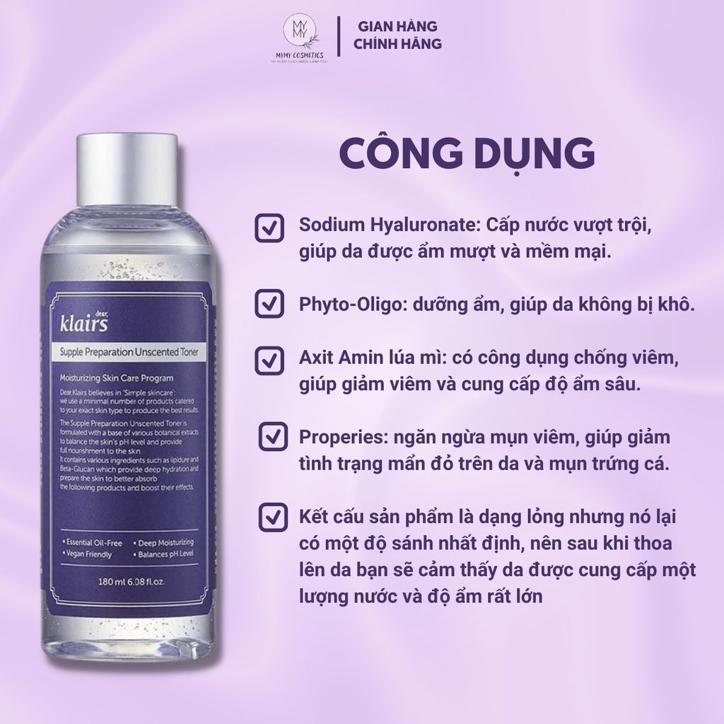 Nước Hoa Hồng Không Mùi Dear Klairs Supple Preparation Unscented Toner Thành Phần Thiên Nhiên An Toàn Cho Da 180ml