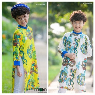 Áo dài cách tân cho bé trai màu trắng và vàng vns 281-282 full size 9kg - 65kg