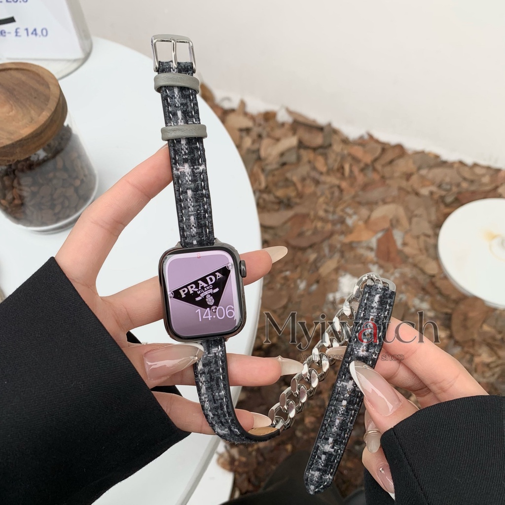 Dây Xích Đôi Bằng nylon Và Da Phối Inox Cho iwatch series 8 7 6 5 SE 4 3 2 iwatch 49mm 44mm 40mm 41mm 45mm 42mm 38mm