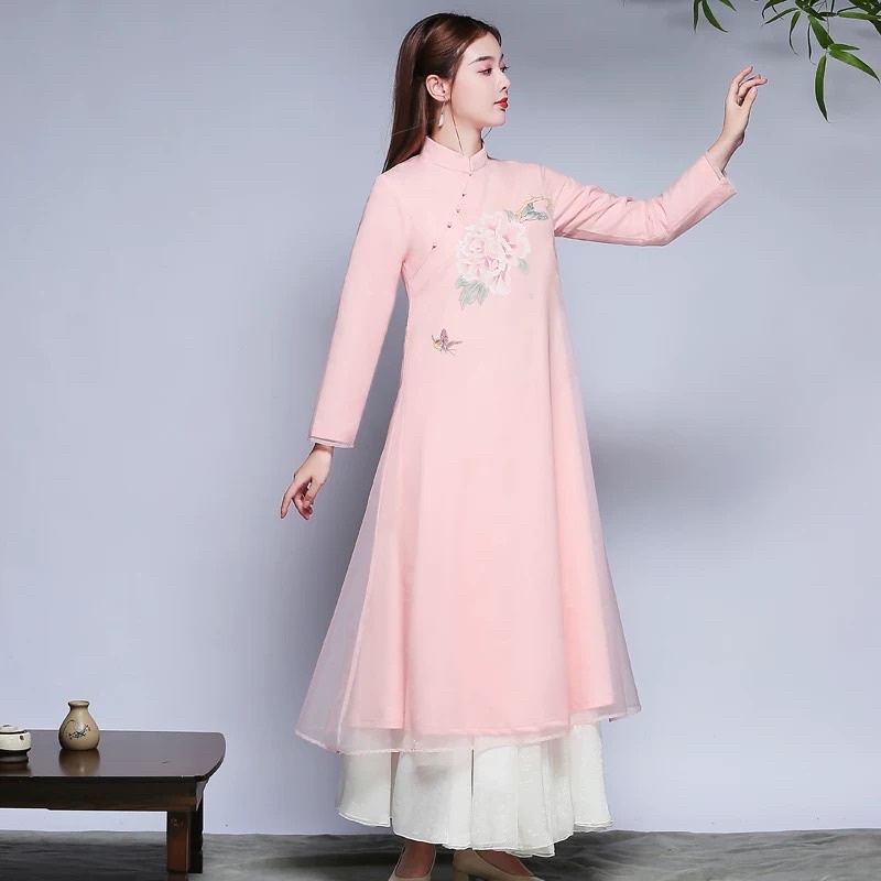 váy sườn xám áo dài cách tân kiểu trung hoa trung quốc hán phục đi lễ chùa ngồi thiền bàn trà spa