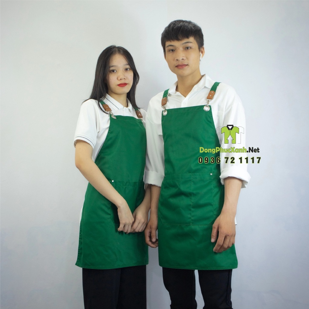 Tạp dề pha chế dây chéo phối da thật vải kaki kích thước phù hợp nam nữ bartender barista