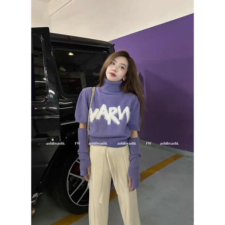 Áo Sweater Dệt Kim Tay Ngắn Cổ Cao Dáng Ôm Thời Trang Cho Nữ