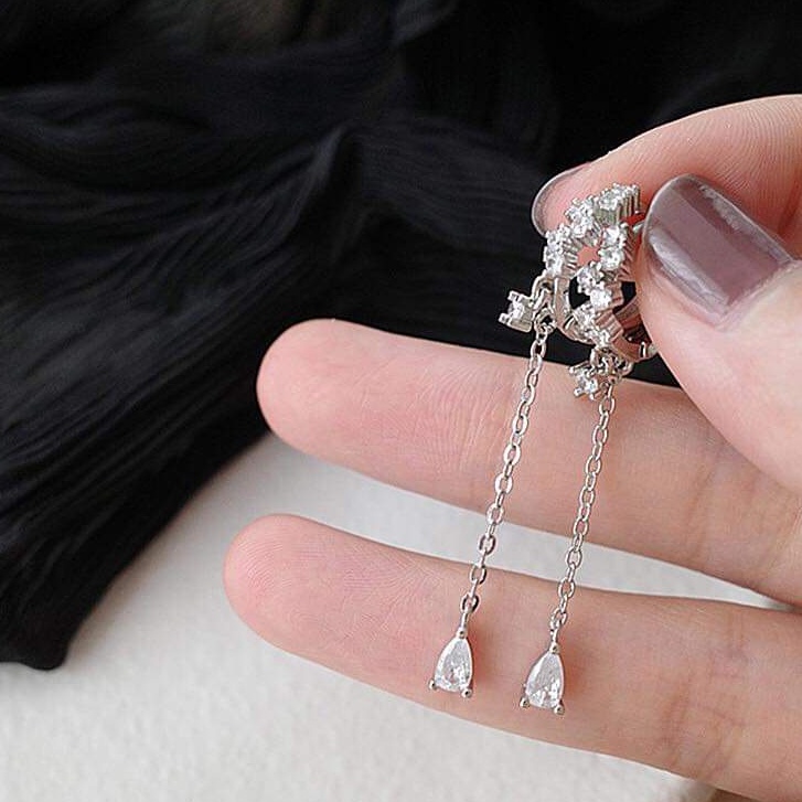 Khuyên tai bạc khuyên tròn sát tai nạm một hàng đá thả đá tua dài nhẹ nhàng Van jewelry