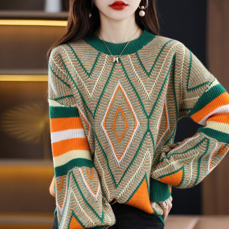 Áo Sweater Cổ Tròn Tay Dài Dáng Rộng Màu Sắc Tương Phản Phong Cách Phương Tây Dành Cho Nữ