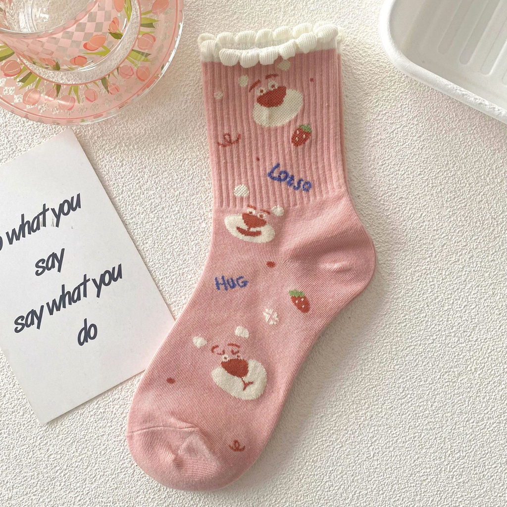 Vớ Thu Đông Màu Hồng In Hình Gấu Dễ Thương Phong Cách Hàn Quốc Cho Nữ