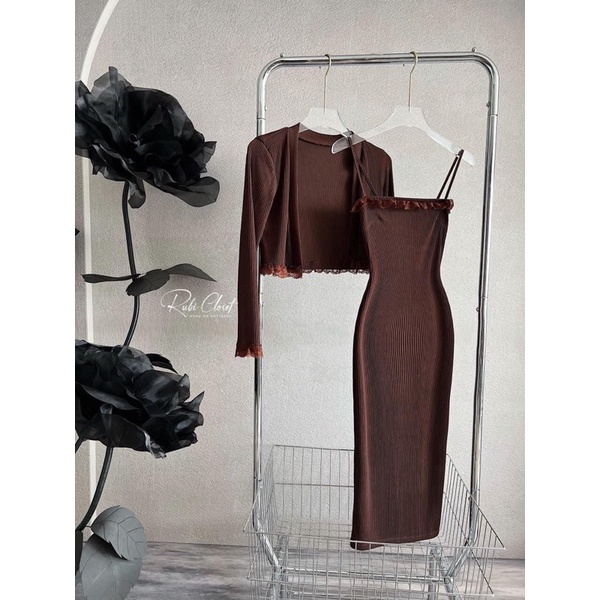 SET VÁY BODY DÁNG DÀI KÈM KHOÁC CADIGAN PHỐI REN