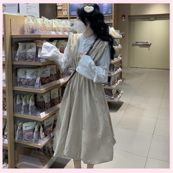 Váy babydoll váy mùa đông cho nữ váy dài Áo Sơ Mi Tay Phồng + Váy Xòe Bồng Bềnh Xếp Ly Cỡ Lớn Phong Cách Preppy Cho Nữ Sinh