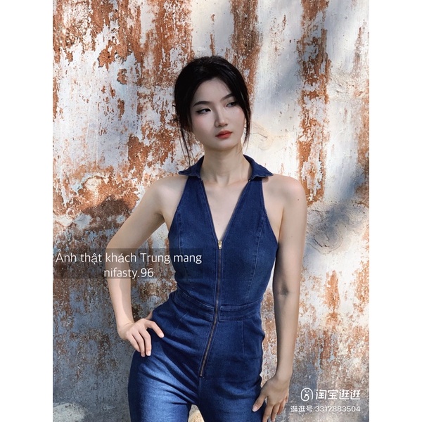 *kèm ảnh thật* Jumpsuit jeans nữ sát nách ống suông loe vừa tôn dáng