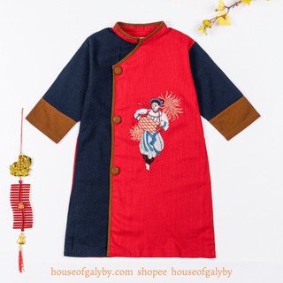 Áo dài bé trai đỏ thêu cô gái đánh trống cơm linen Hàn Quốc mềm mịn - Galyby