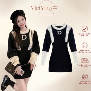  Đầm len body nữ cổ tròn MEI YING OFFICIAL váy len dáng lửng dài tay 