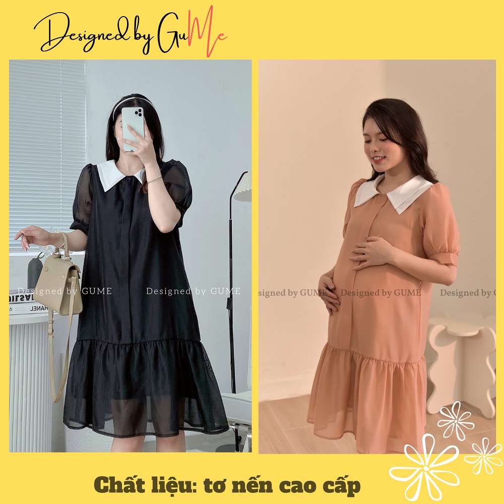Váy bầu bigsize - Đầm bầu thiết kế GuMe màu hồng cam đuôi cá cổ trắng may 2 lớp size 40-100kg GM009- ảnh thật