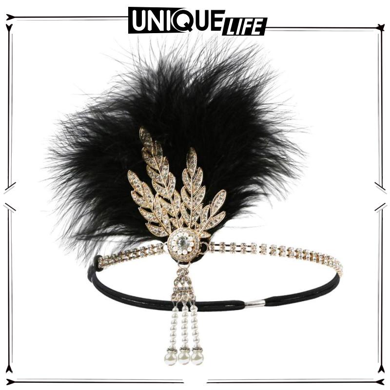 Băng Đô Cài Tóc Shiwaki4 1920s Phối Lông Vũ Màu Đen / Bạc Sang Trọng