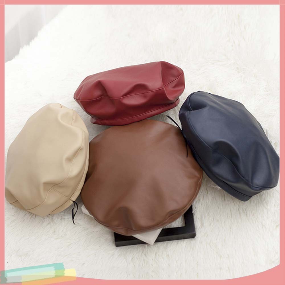 Mũ beret chất liệu da giả màu trơn giữ ấm sành điệu cho nữ
