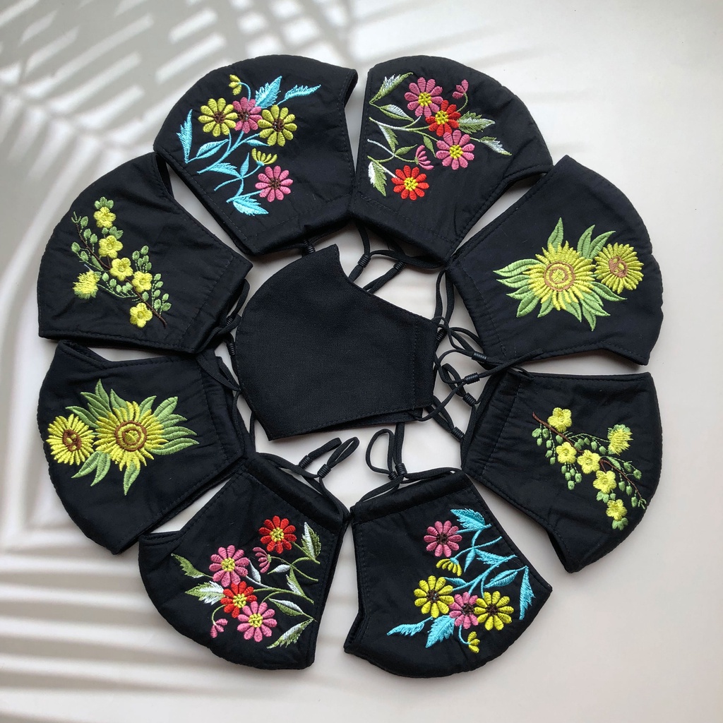 Khẩu trang thêu hoa 3 lớp 3D Cotton vải tự nhiên kháng khuẩn thời trang phong cách hàn quốc