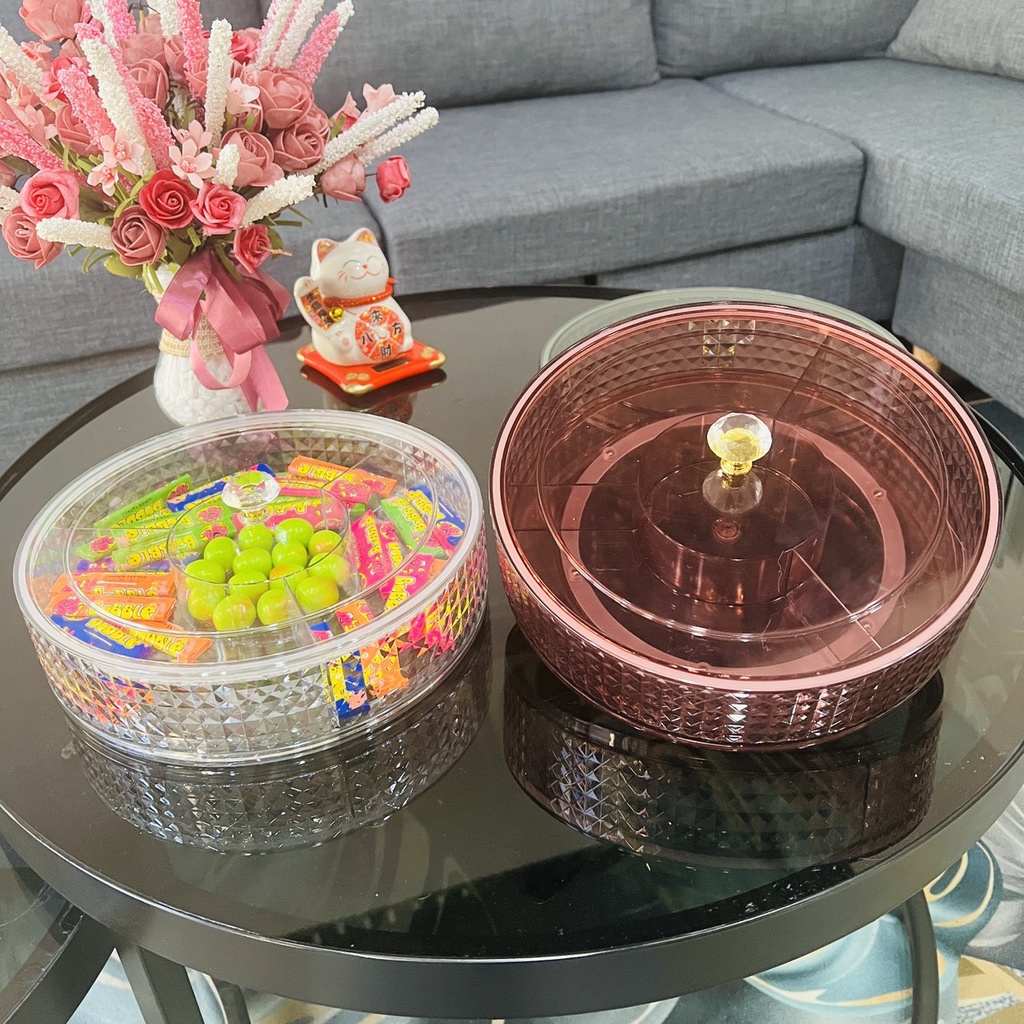 Khay Đựng Bánh Kẹo Mứt Tết Xoay 360 Độ Núm Kim Cương Sang Trọng, Hộp Mứt Hình Cánh Hoa