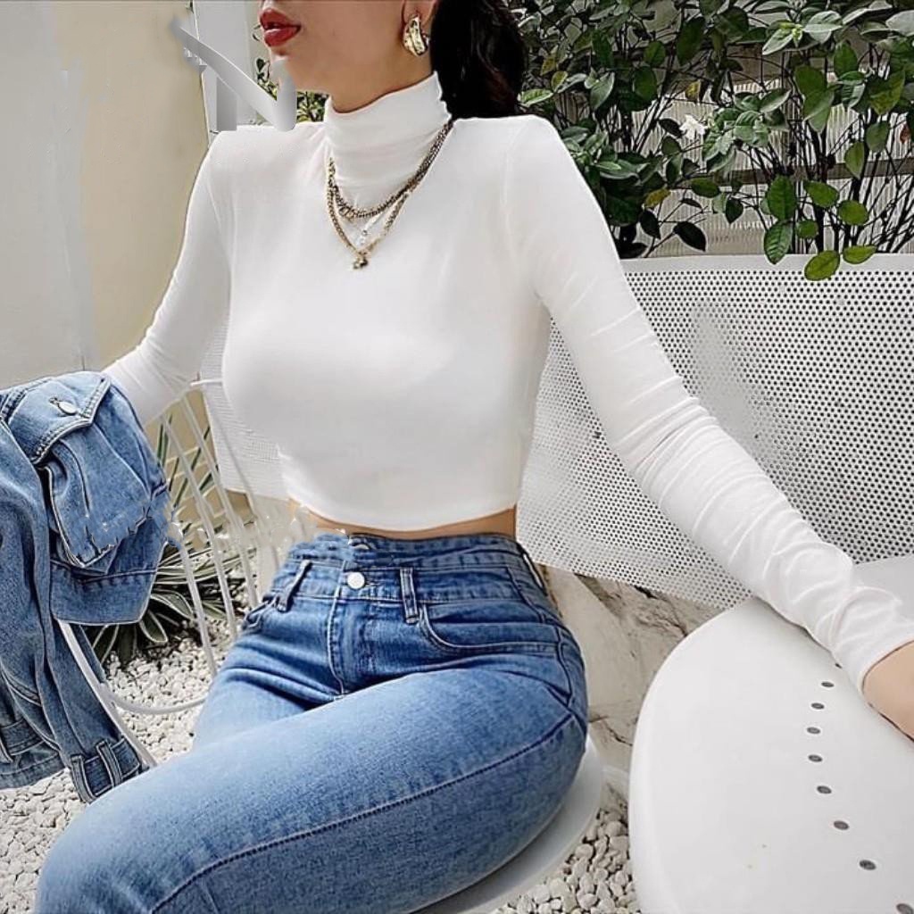 Áo Croptop Tay Dài Cổ Lọ Màu Sắc Trơn Phong Cách Hàn Quốc