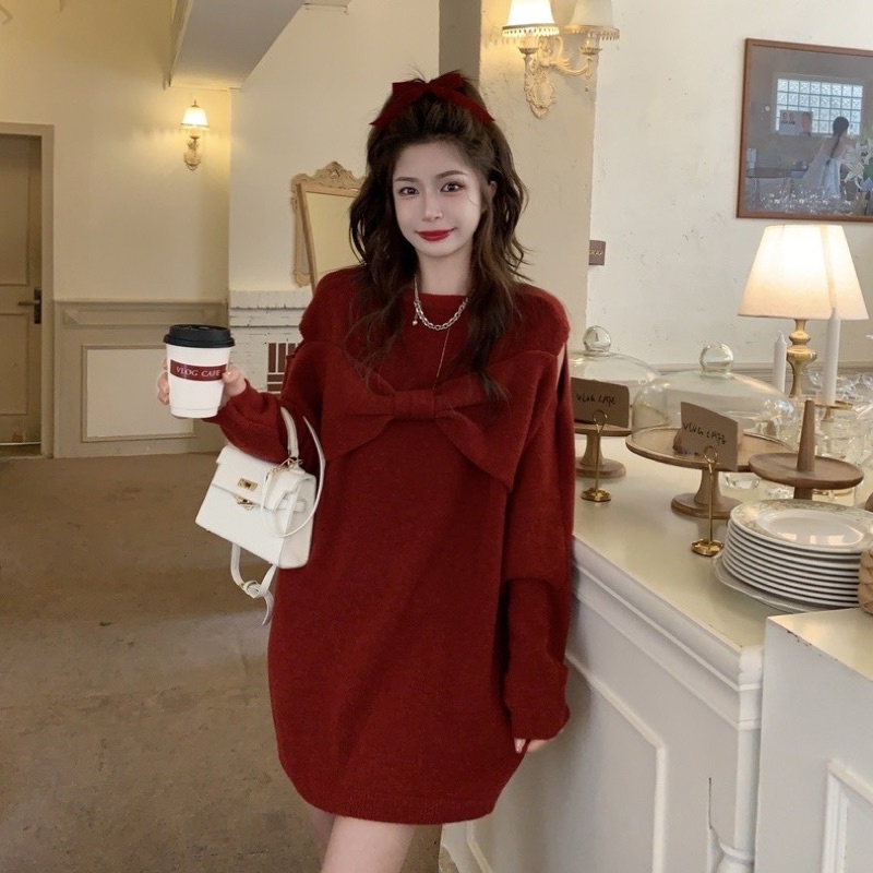 Váy áo len nơ ngực D02 khoét vai điệu đà, áo len kiểu dày dặn tiểu thư nhẹ nhàng.