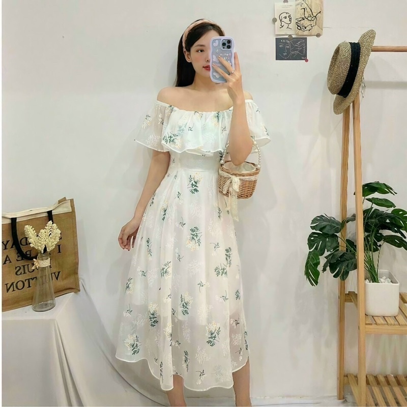 Đầm thiết kế váy maxi voan hoa trễ vai