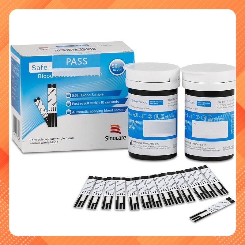 Que thử đường huyết Safe-Accu, chuẩn chính hãng SINOCARE hộp 50 que, đo đường huyết (tặng 50 kim)