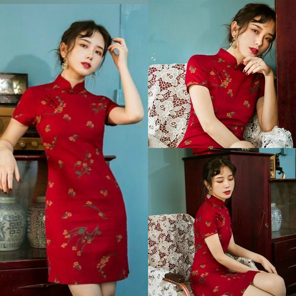 Đầm body nữ sườn xám tôn dáng, tay ngắn cực xinh họa tiết hoa văn quý phái, phối cổ tàu trẻ trung cá tính