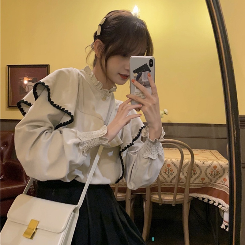 Áo Sơ Mi Tay Dài Cổ Đứng Phối Bèo Thời Trang Mùa Thu Cho Nữ