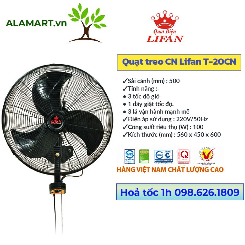 QUẠT TREO CÔNG NGHIỆP LIFAN T-20CN sải cánh 500mm 3 lá lớn êm mát dùng quán ăn cà phê nhà diện tích rộng nhà xưởng