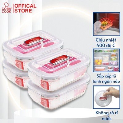 Bộ 4 hộp thủy tinh hộp đựng cơm thực phẩm trong tủ lạnh COBA'COOK hộp chữ nhật 370ml- CCL34