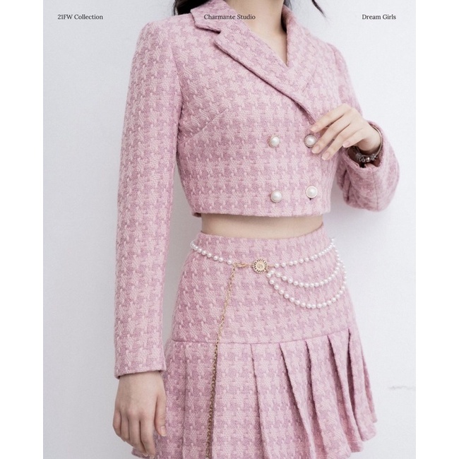 Set vest chân váy tweed hồng Charmante Studio