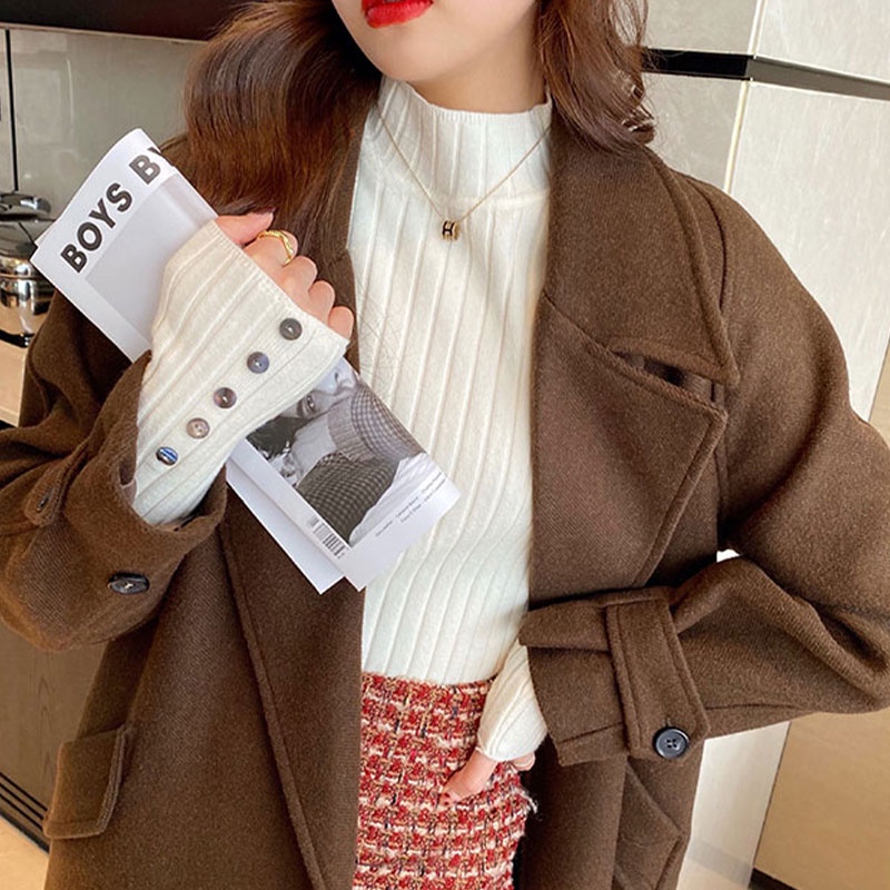 Áo Dệt Kim Tay Dài Cổ Cao Dáng Ôm Phong Cách Thời Trang Hàn Quốc Dành Cho Nữ